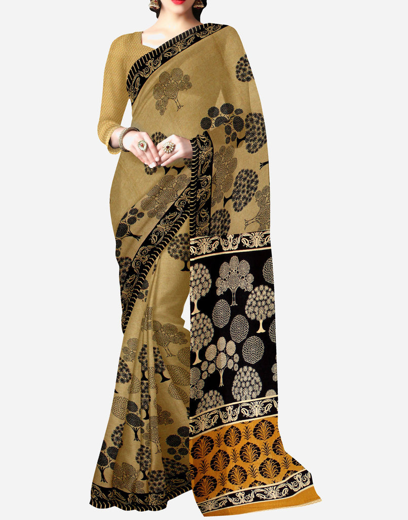 Half N Half Crepe Chiffon Saree in Old Rose and Light Beige